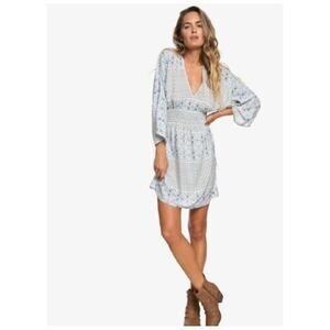 Roxy Women’s Free Mind Kimono Sleeve Shirred Blue Floral Beachy Dress Sz SP